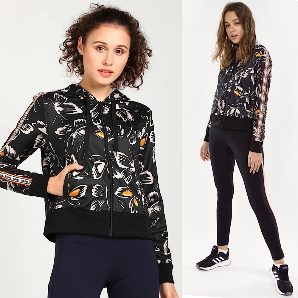FARM RIO ADIDAS Butterfly Print Rainbow Stripe Logo Zip Up Hooded Track Jacket S
